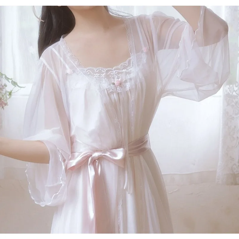 Cool Small Suspender Nightdress Short Lace Small Rose Splicing Mesh Yarn Outer Nightgown Set Xianrou Sweet Loungewear