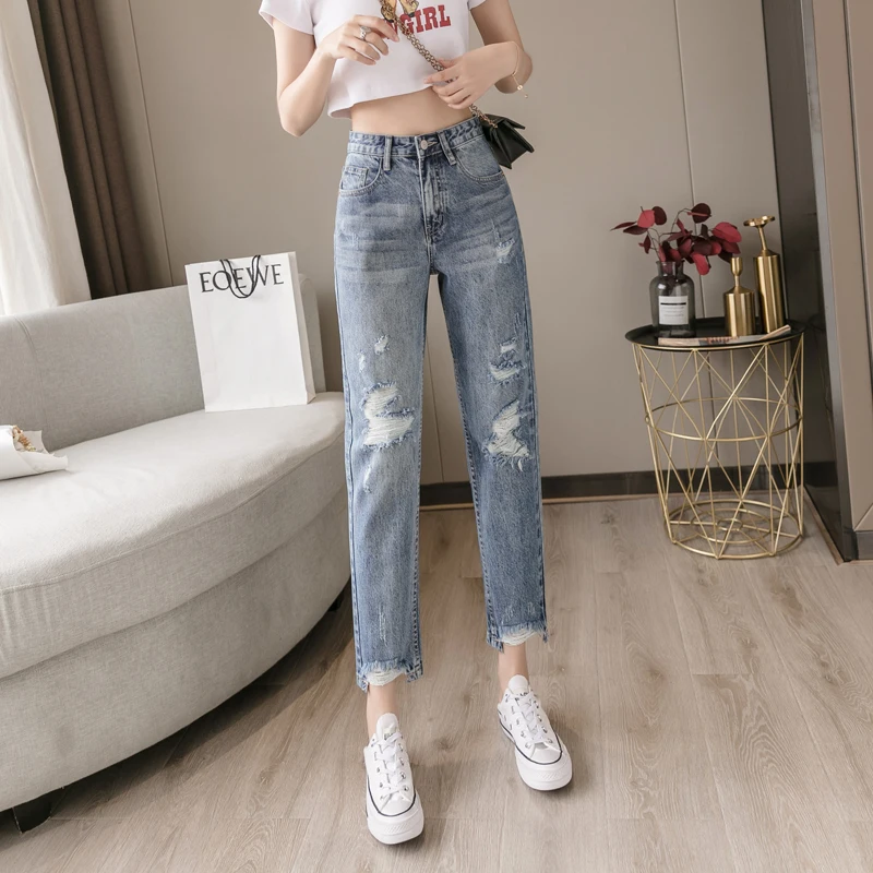 

2024 New Women's Spring High-waisted Loose Cropped Pants korean fashion Jeans women Casual Pencil Baggy Pants Ripped Hole