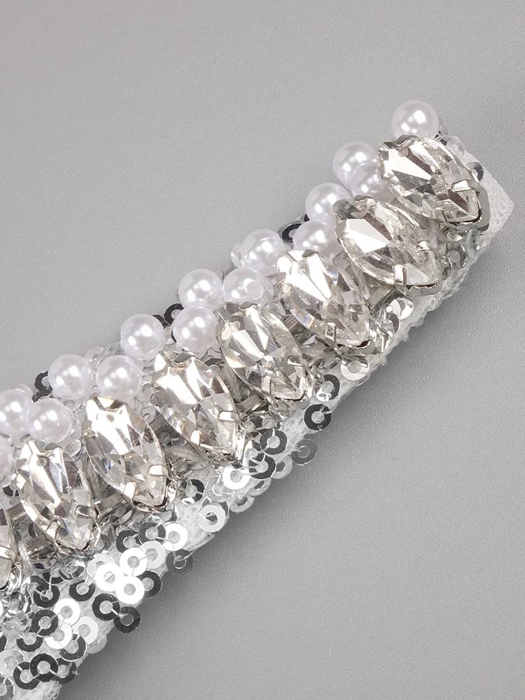 Silver Sequins  Strapless Mermaid Long Dress Backless SparklyRhinestones Cut Out Prom Celebrity Cocktail Party Evening Gown