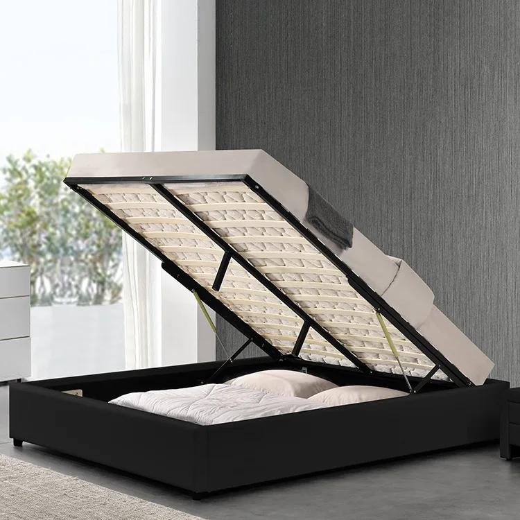 No bedside leather art bed, premium leather storage pneumatic frame bed, double bed storage
