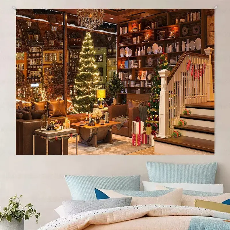 VIKAMA Christmas Living Room City View Wall Tapestry Big Window Tree Bookshelf Sofa Staircase Gift Cozy Holiday Home Decor Funny