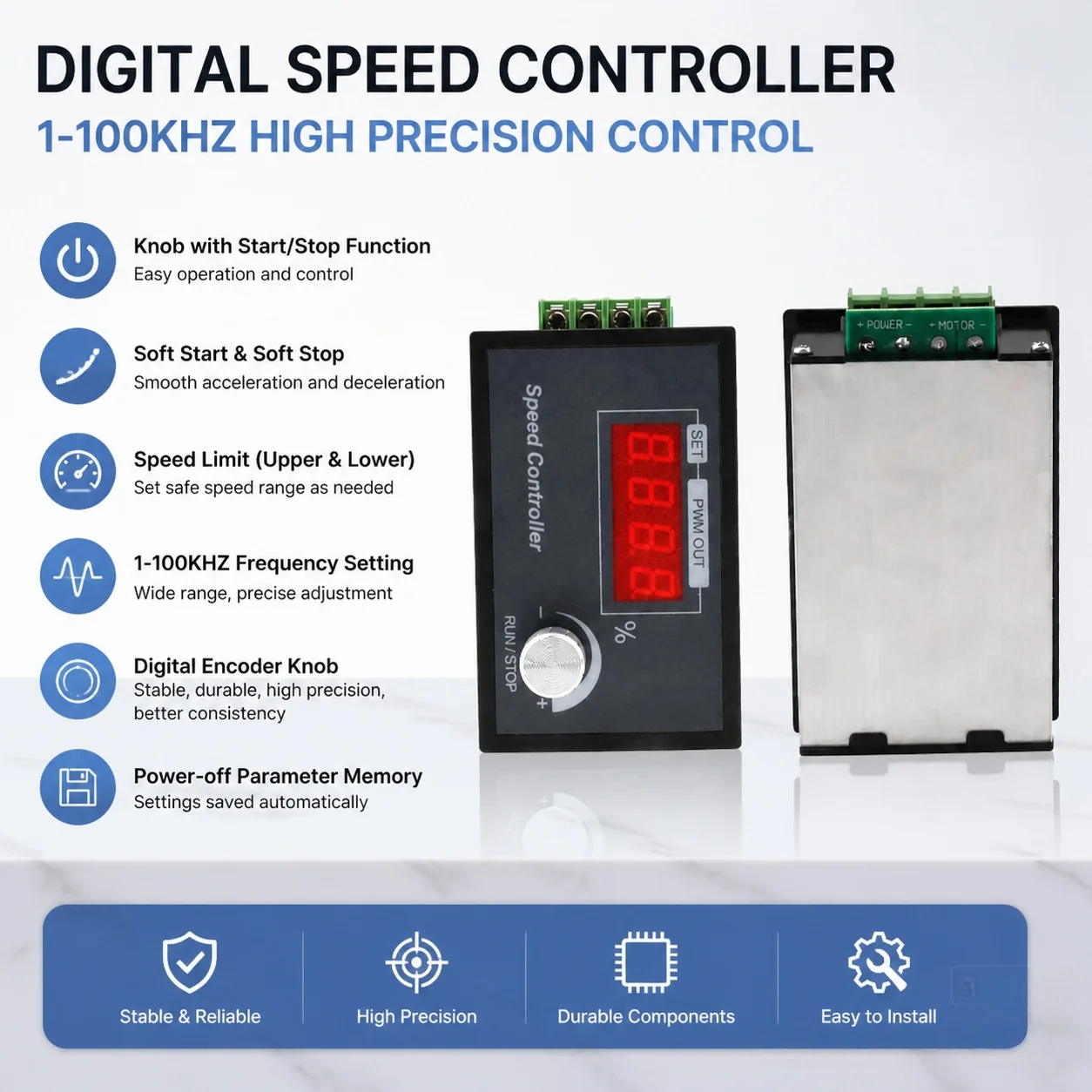Smart PWM DC Motor Speed Controller DC6-60V Digital Display with Digital Encoder Knob Frequency Settable 1-100KHZ Brushed Motor