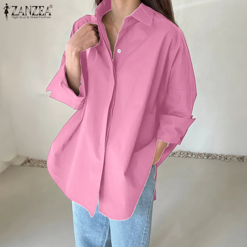 ZANZEA Oversized Black Shirts for Woman Turn-Down Collar Long Sleeve Button Up High-Low Tops Female 2026 Spring Streetwear Shirt