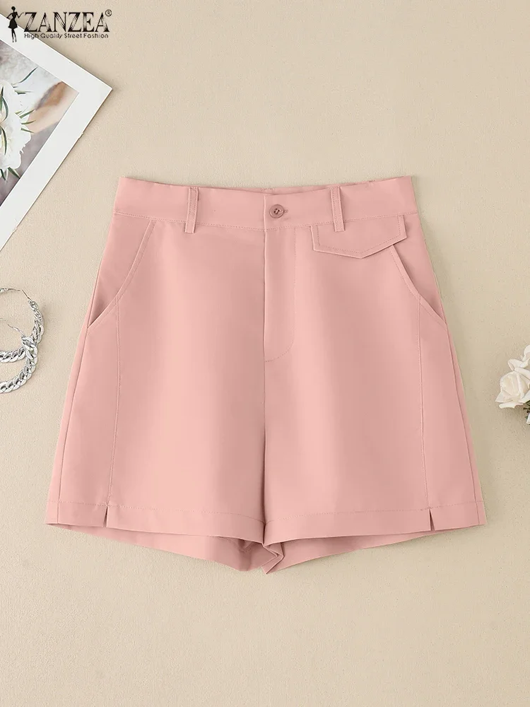 2025 zanzea verão shorts feminino elegante cintura alta trabalho ol calças casuais botão sólido pantalon elegante férias palazzo oversize
