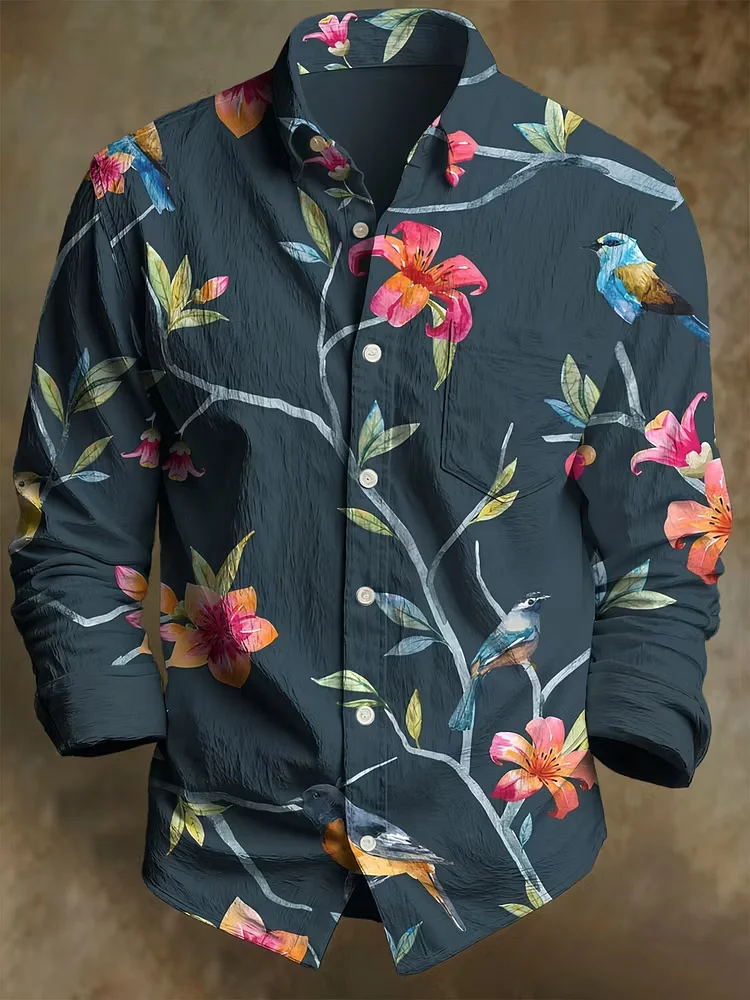 New men's watercolor lily flower bird branch composite 3D printed long sleeved shirt with pleated collar top