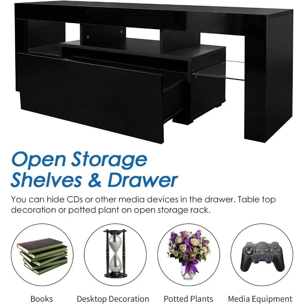 خزانة وحدة تحكم تلفزيون حديثة عالية اللمعان مع رفين زجاجية مفتوحة لأثاث الحدائق وحامل تلفزيون أسود مع حوامل تلفزيون LED