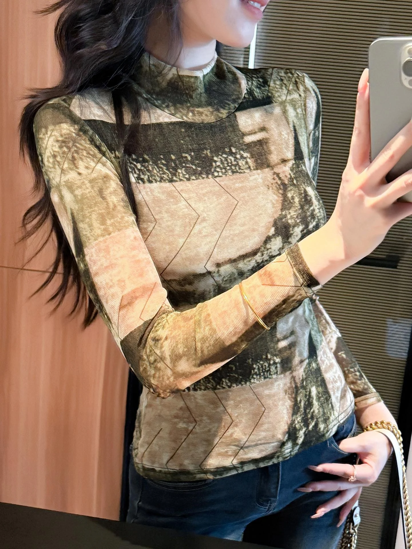 Street Sle Tie Dye Print Me Base irt Damen Slim Fit Long Sve T-Shirt f Hoher Kragen Innenbekleidung Geometrisches Muster