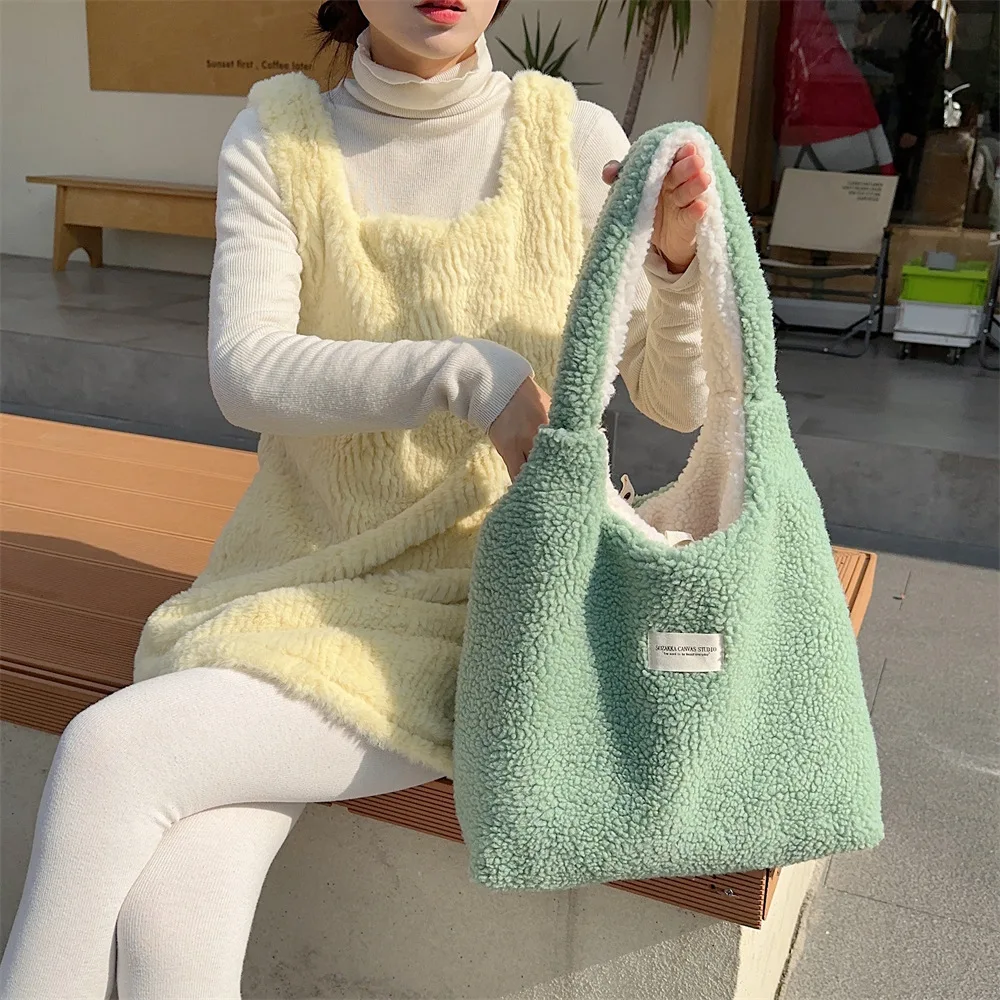 Autumn Winter Korean Style Reversible Double-Sided Plush Minimalist Single Shoulder Large Capacity Commute Vest Bag for Student