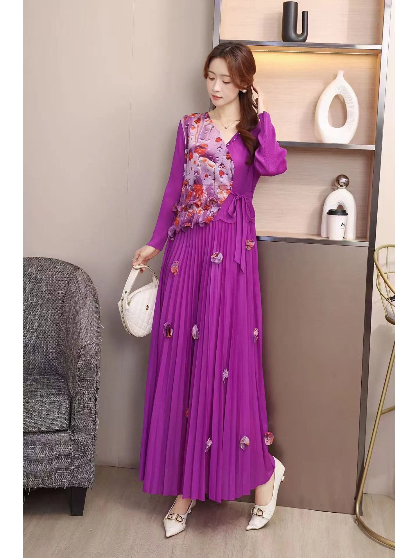 A-Line Midi Dr مع طباعة خشبية مطوية، زخرفة خرزية، زخرفة زهور ثلاثية الأبعاد للنساء Ele Ci...