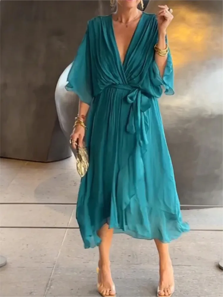 Lente Zomer V-hals Losse Lange Onregelmatige Jurk Vrouwen Sexy Groene Batwing Mouw Lace Up Geplooide Boho A-lijn Midi Jurken Gewaad
