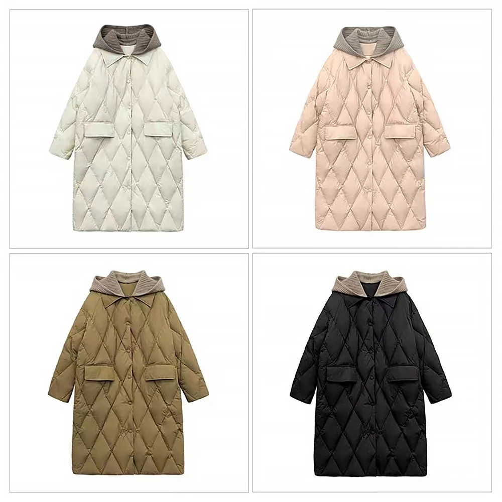 Marwin 2022 Women 90% White Duck Down Coats Loose Duck Down Thick Jackets Solid High Waist Warm Casual Long Hooded Down Jacket