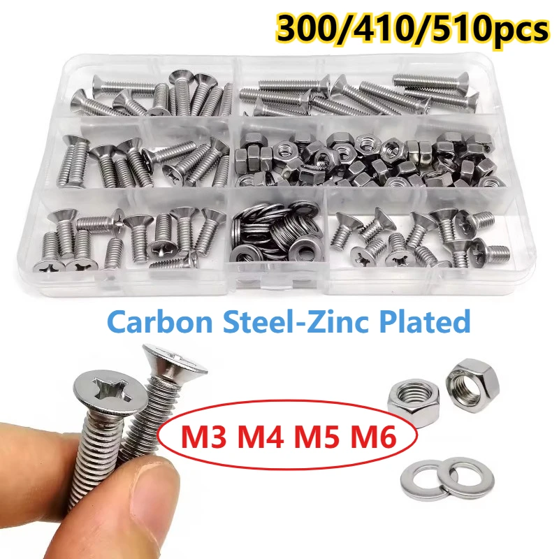 300/410/510pcs M3 M4 M5 M6 Carbon Steel Zinc Plated Cross Phillips Flat Countersunk Head Screw Bolt Nut Washer Set Kit Box