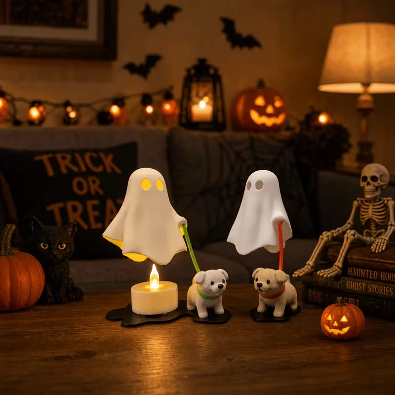 1pc Candlestick Candle HolderCute Ghost With Dog Figurine Statue Home Bedroom Desk Decoration Halloween Excluding Candles