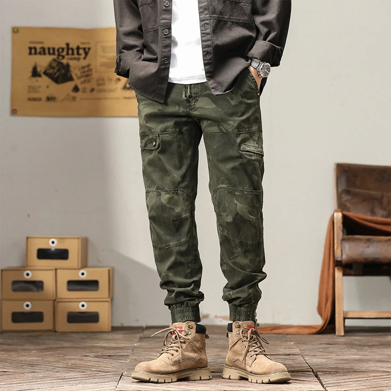 

Men's Retro Solid Color Cotton Work Pants for Autumn Winter Durable Casual Trousers with Multiple Pockets