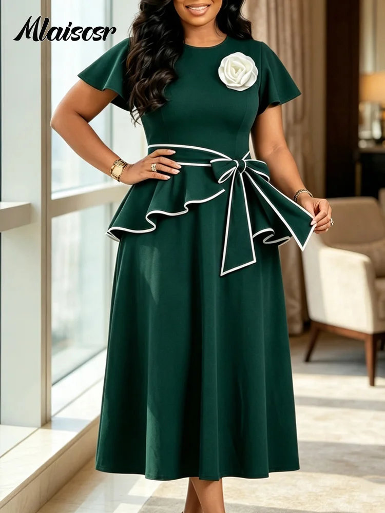 Mlaiscsr Women O Neck Flare Sleeve Midi Dress with Belted Waist Ruffle Hem and 3D Flower Detail for Business Party Wedding Guest
