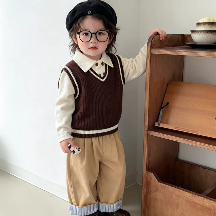 Korean Baby Boy Temperament Knitted Vest Set Autumn Baby Retro Vest