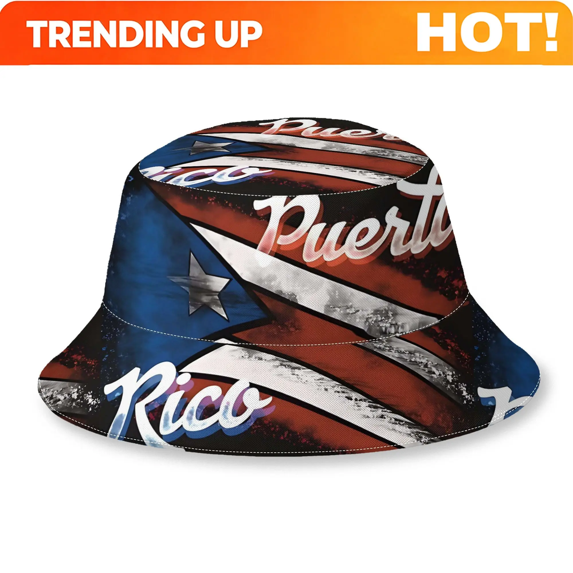Customization Puerto Rico Flag Pattern With Distressed Typography And Gradient Texture Printed Bucket Hat, Unisex Casual Sun Hat