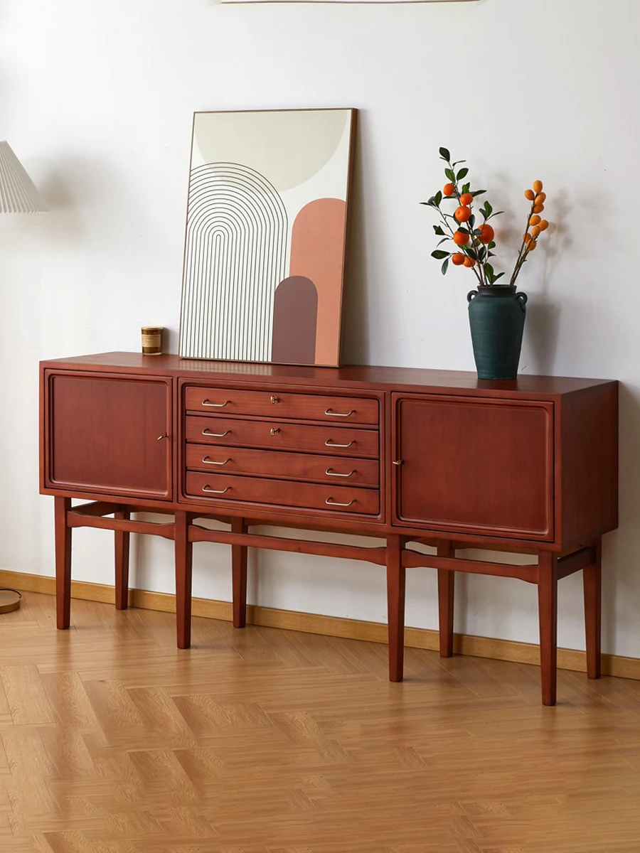 Retro teak color dining side storage cabinet, medieval cherry wood tea cabinet