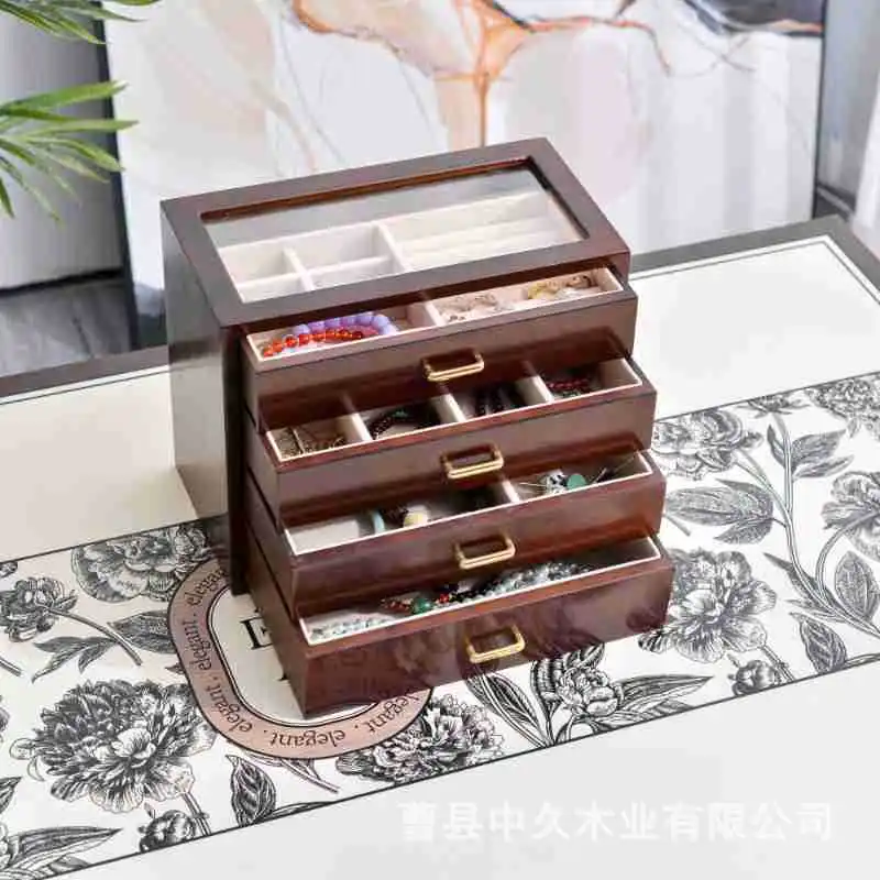 

European wooden jewelry jewelry box simple retro multi-layer large-capacity earrings necklace jewelry solid