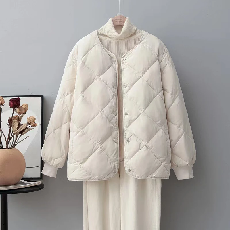 Autumn down jacket short top with round neck button long sleeved fashionable short jacket