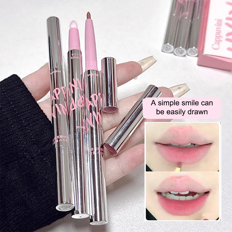 【Cappuvini】Double-headed Nude Matte Lip Liner With Fluffy Lip Brush Lip Makeup Long Last Velvet Matte Mist Lipstick Outline Lips