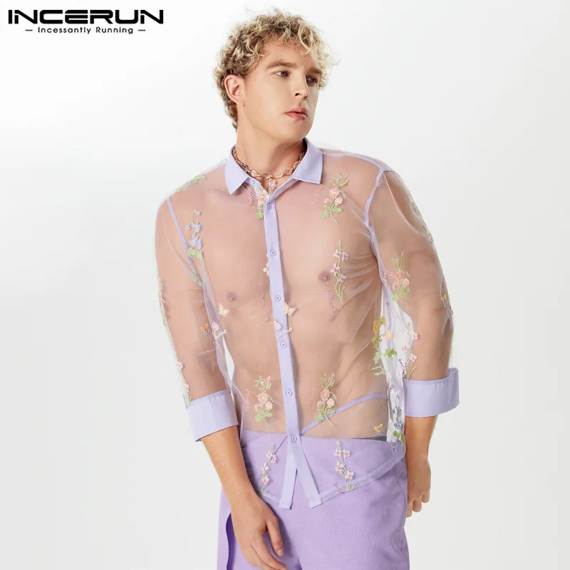 INCERUN Tops 2024 American Style Sexy Men Perspective Jacquard Lace Design Shirts Casual Clubwear Thin Long Sleeved Blouse S-5XL