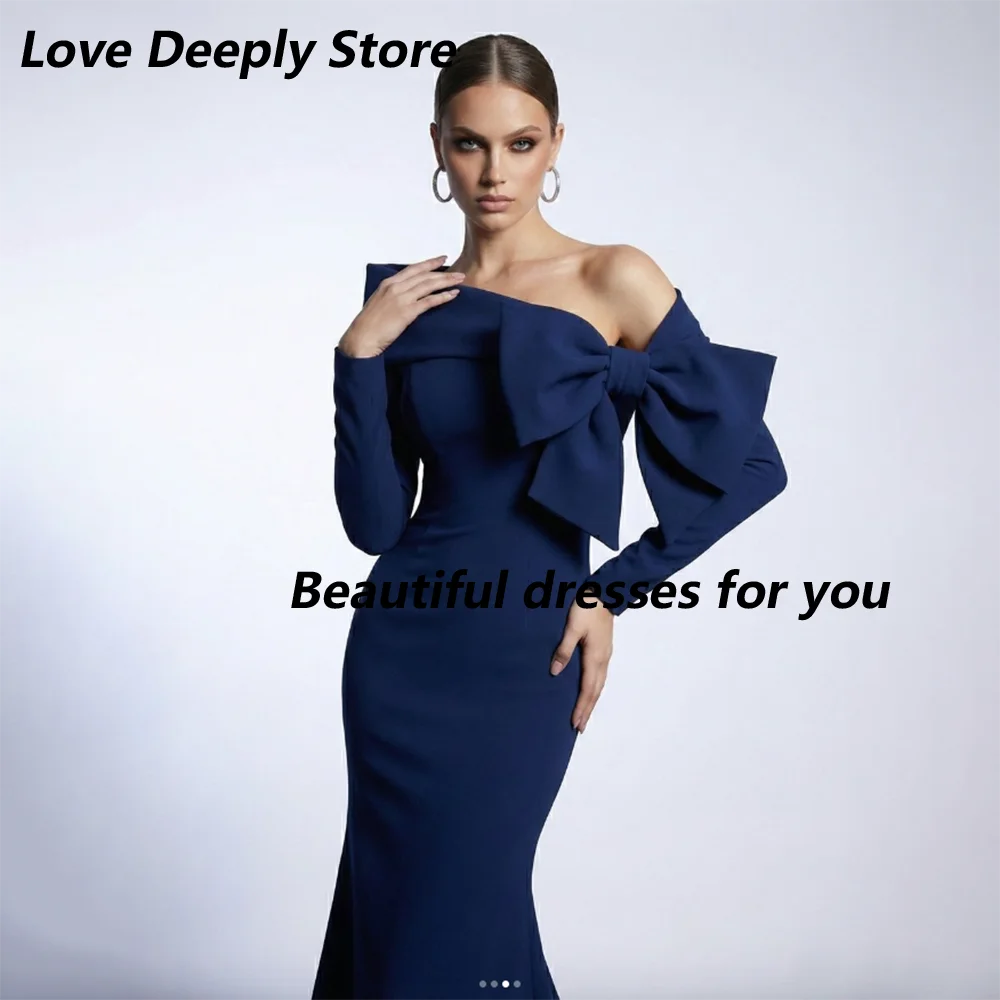 

Customized Navy Blue Evening Dress for Women Off The Shoulder Bow Mermaid Evening Gowns Long Sleeves Mermaid Formal Party Dress