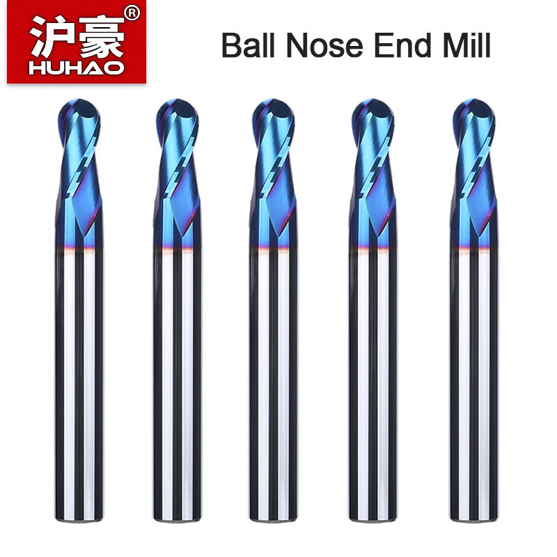 HUHAO 6mm Shank Ball Nose End Mill Nano Blue Coated 2 Flutes Carbide Router Bit HRC65 CNC Milling Cutter Spiral Flat CNC Tools