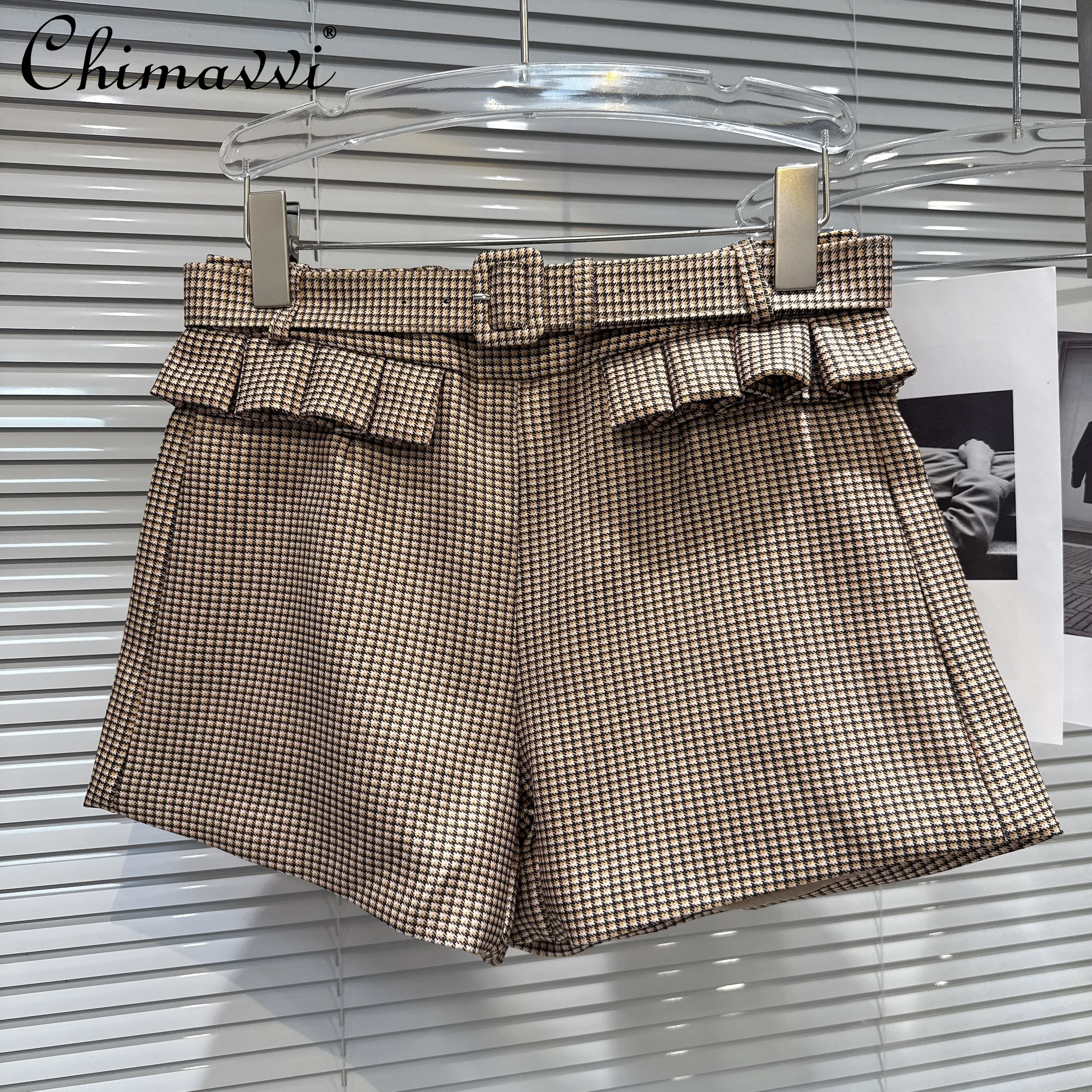 2025 Autumn Clothes New Fashion Heavy Bowknot Scarf Plaid Short Jacket + Belt Shorts Set Elegant Commuter Women's Two-Piece Set