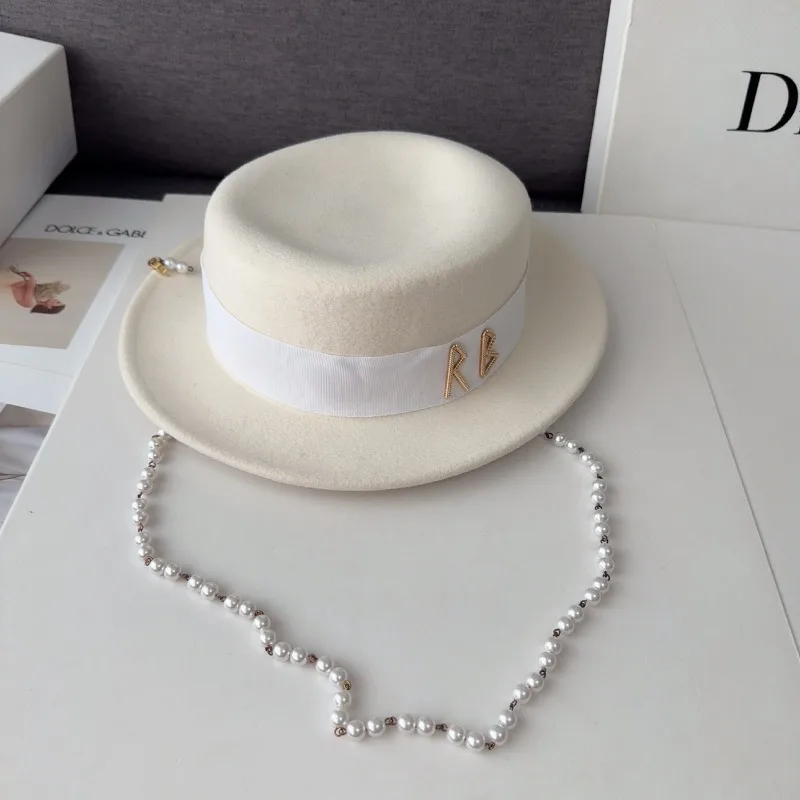 Luxury Brand Retro Embroidery Letter Golden Pearl Hats for Female Autumn and Winter Flat Top Fedora Cap  Wild Wool Top Hat