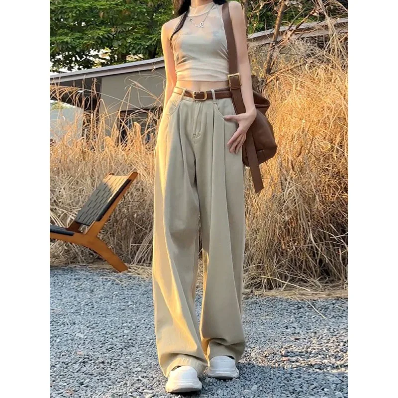 Khaki High Waisted Wide Leg Jeans for Women's Autumn New Design with A Loose Fit and Straight Leg Mop Pants Female Clothing