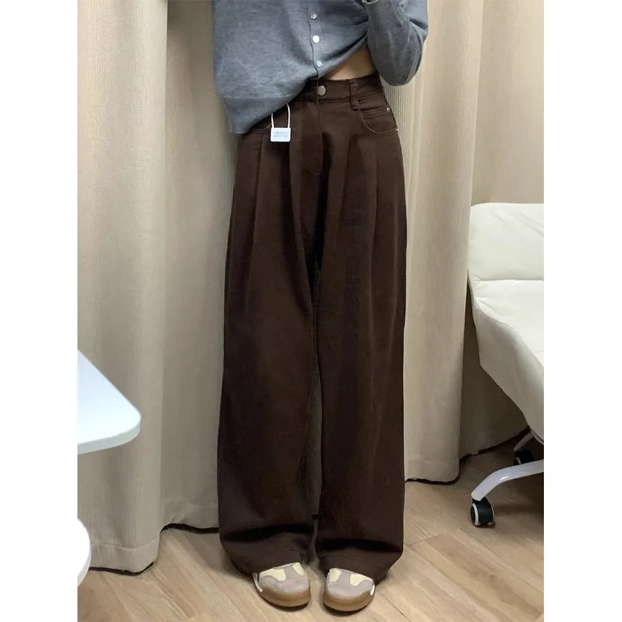 Retro Deep Coffee Color Denim Pants Women's Spring Autumn Loose Wide Leg High Waist Slim Straight Tube Pants Design Sense