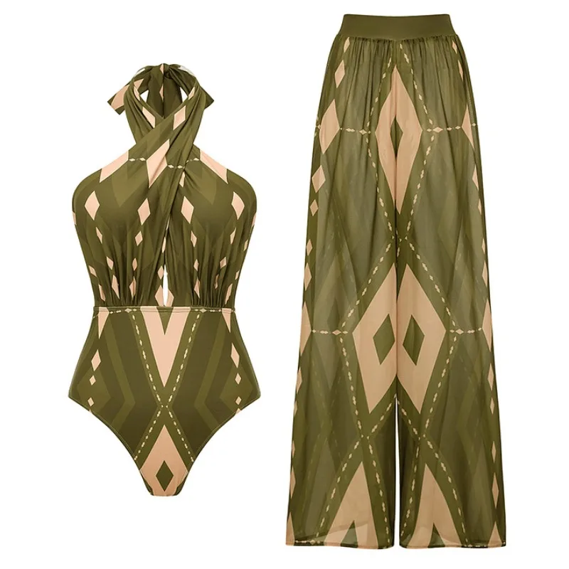 

One Piece Swimsuit For Women European And American Swimwear Neck Halter Geometric Pattern Printed One-piece Swimsuit Suit Women