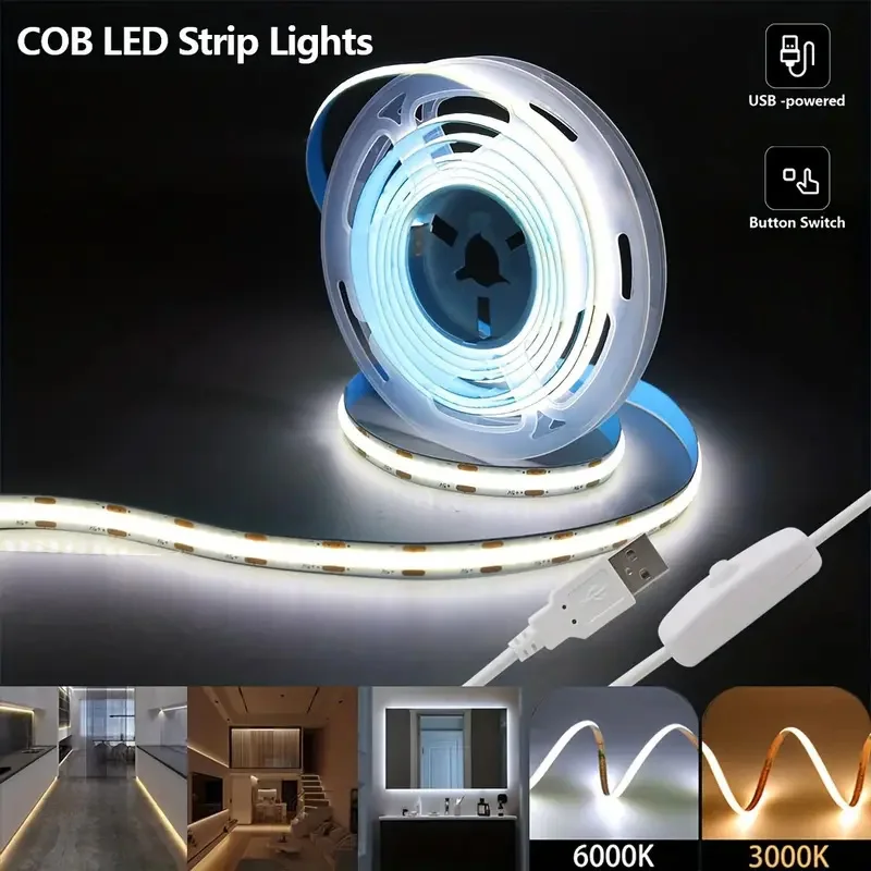 0.3m to 5m Flexible Cob Light Strips Led Light Strips with USB Interface, Equipped with Physical Button Switches and Adhesive Backing, White Light/Natural Light/Warm Light, Comes with Adhesive Backing Plate for Easy In