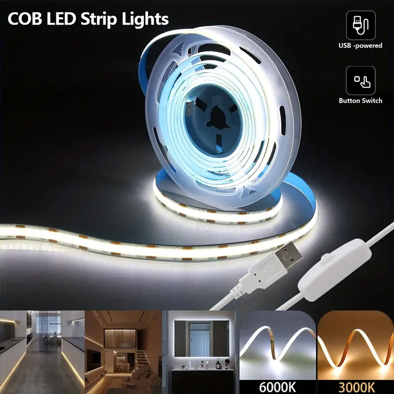  0.3m to 5m Flexible Cob Light Strips Led Light Strips with USB Interface, Equipped with Physical Button Switches and Adhesive Backing, White Light/Natural Light/Warm Light, Comes with Adhesive Backing Plate for Easy In 