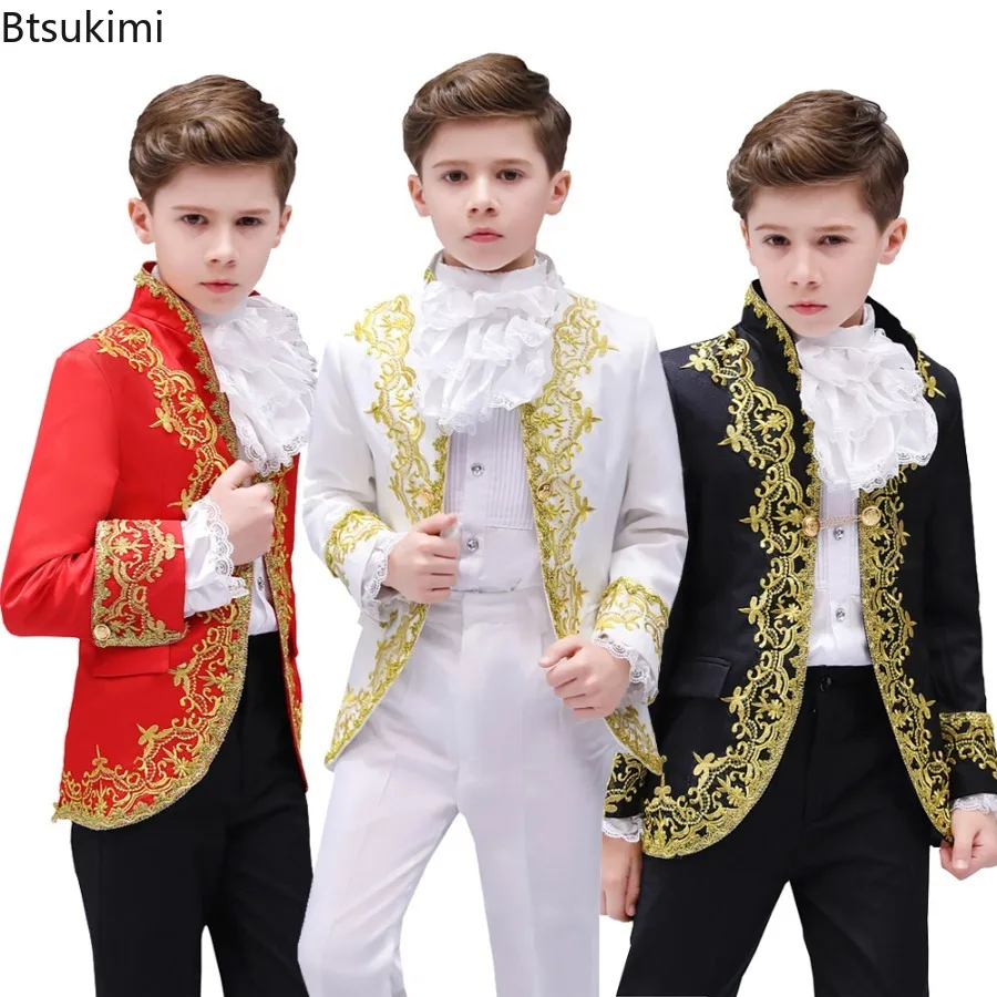 

Vintage Medieval Prince Costumes Kids Cosplay Stage Show Clothes Noble Tuxedo Suit Carnival Fancy Dress Up Child Birthday Gifts
