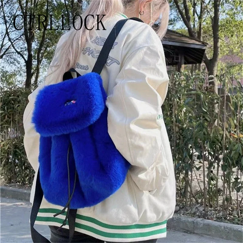 

CTRLLOCK Preppy Style Candy Color Blue Fur Backpack Student Cute Schoolbag Spring Summer