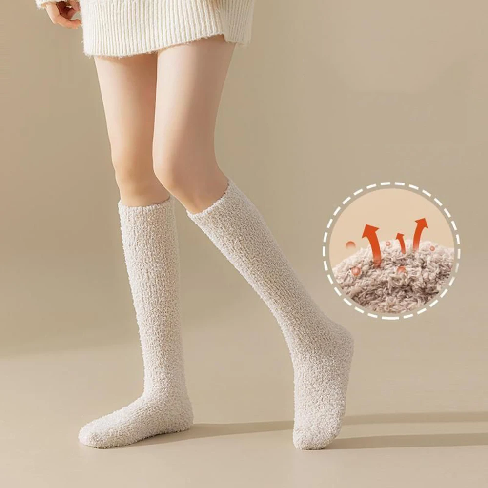 Winter Warm Long Socks Women Thick Thermal Cotton Knee High Socks Breathable Solid Harajuku Casual Thicken Terry Stockings