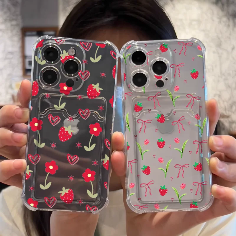

Корейский милый чехол для телефона с цветком клубники для IPhone 16 15 14 13 12 11 Pro Max XS X 7 8 Plus SE2, сумка-кошелек для карт, мягкий прозрачный чехол