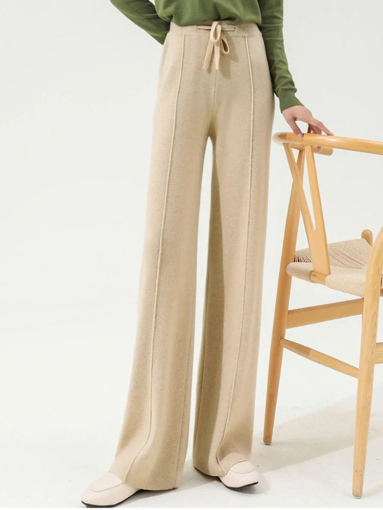 Imagem -04 - Calça de Perna Larga de Malha Grossa Feminina Calça Reta de Cintura Alta Calça Larga Grande Moda Elegante Quente Novo Inverno 2023