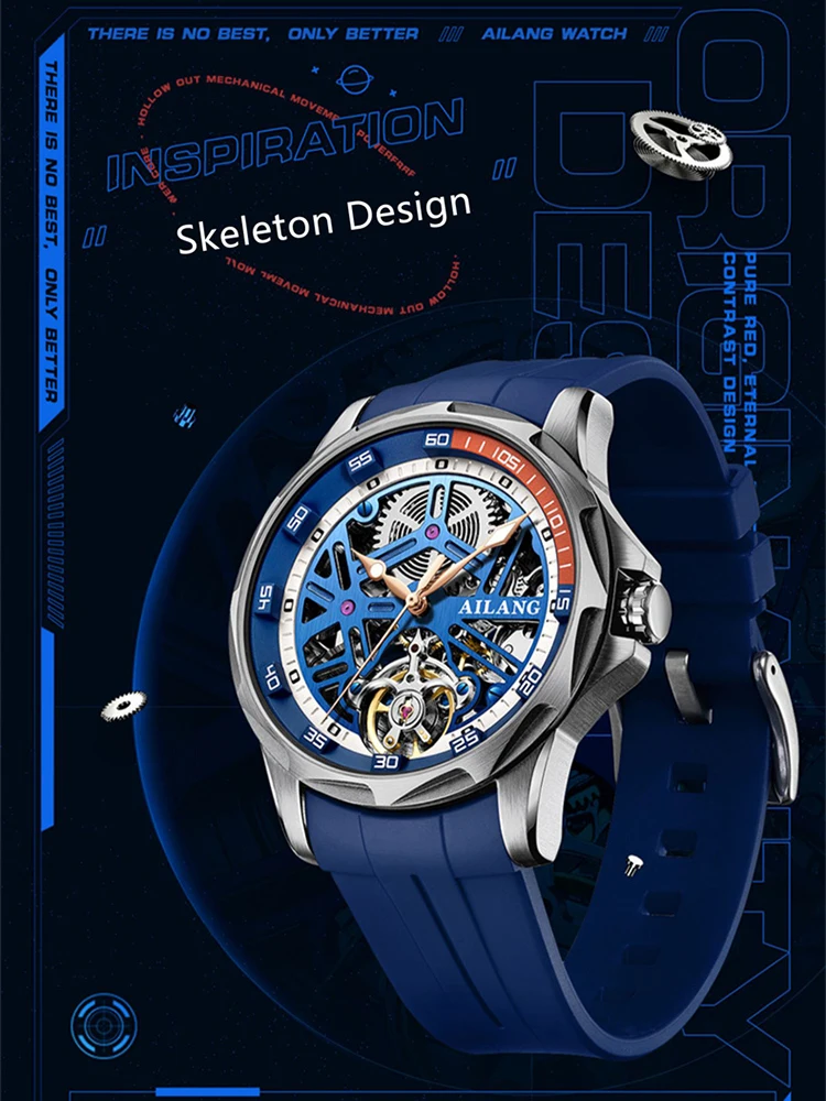 AILANG Brand New Fashion Blue Mechanical Watch for Men Sports Rubber Strap Waterproof Skeleton Luxury Tourbillon Watches Mens