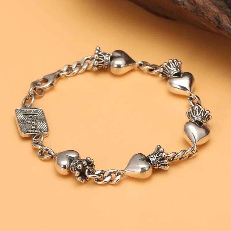 S925 silver simple solid crown heart punk silver chain k-stylefashioncouple bracelet trendy chain