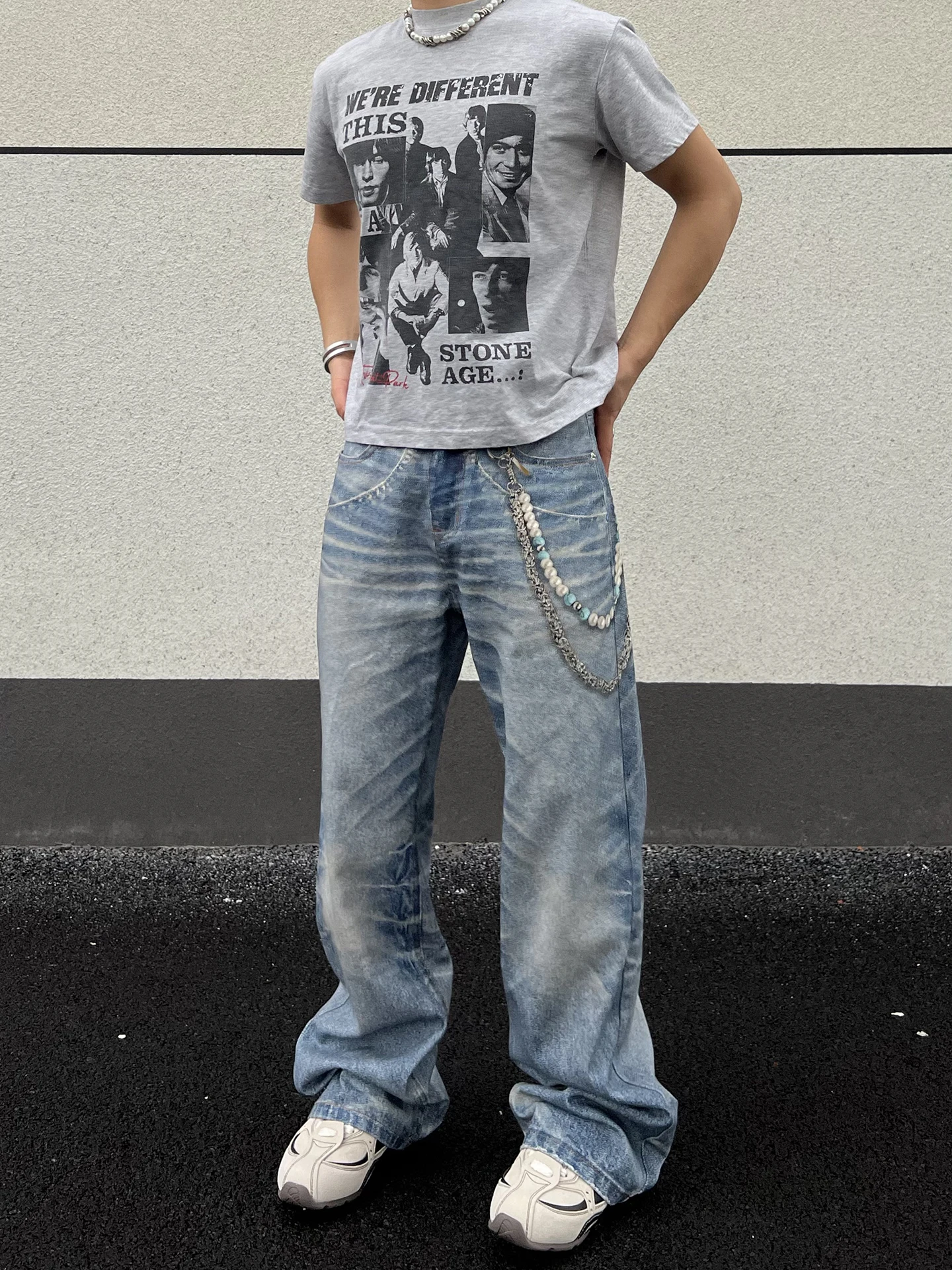 

Мужские джинсы в стиле ретро, американские, свободного прямого кроя, с 3D-принтом цветов и цепей, Cleanfit, длинные брюки, повседневные, из хлопкового денима