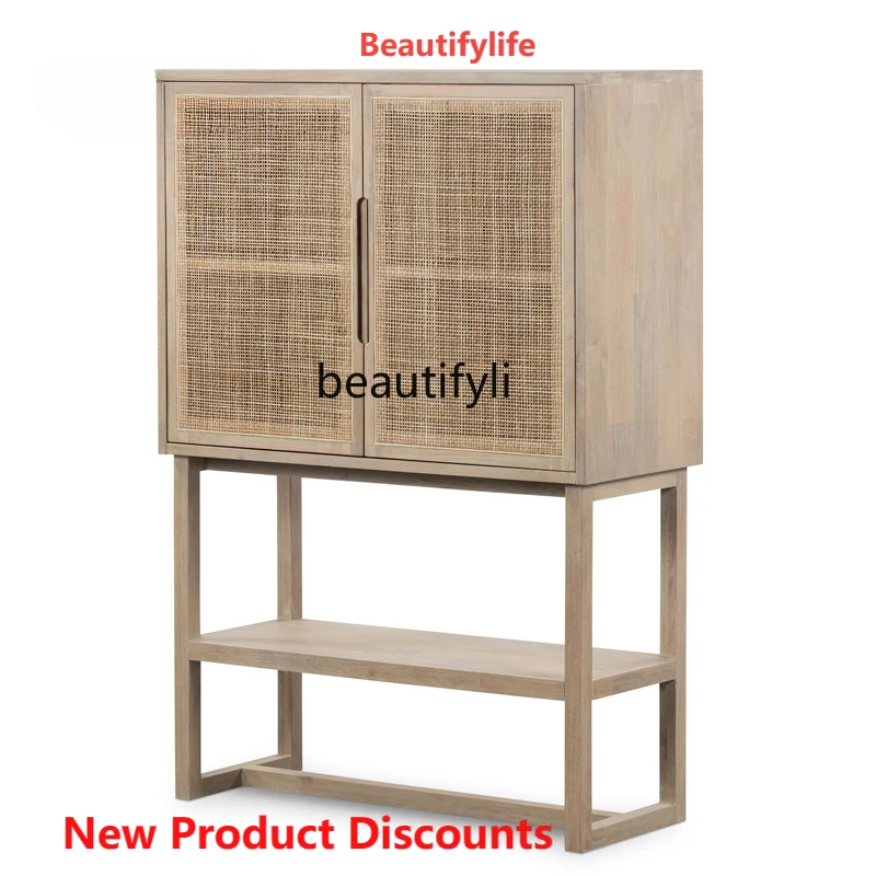 

01A Sideboard Cabinet Solid Wood Oak Rattan Woven Nordic Simple Locker Wall Storage Cabinet