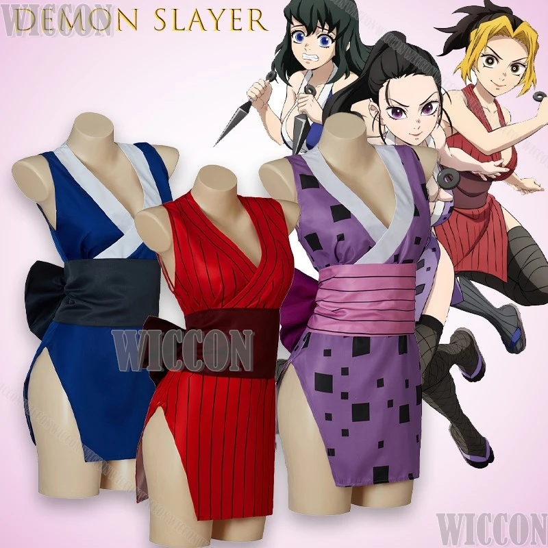 Demon Kimetsuno Yaiba Suma Hinatsuru Makio Cosplay Slayer Kimono Oiran Costume Anime Stage Halloween Outfit Adjustable Wig Prop