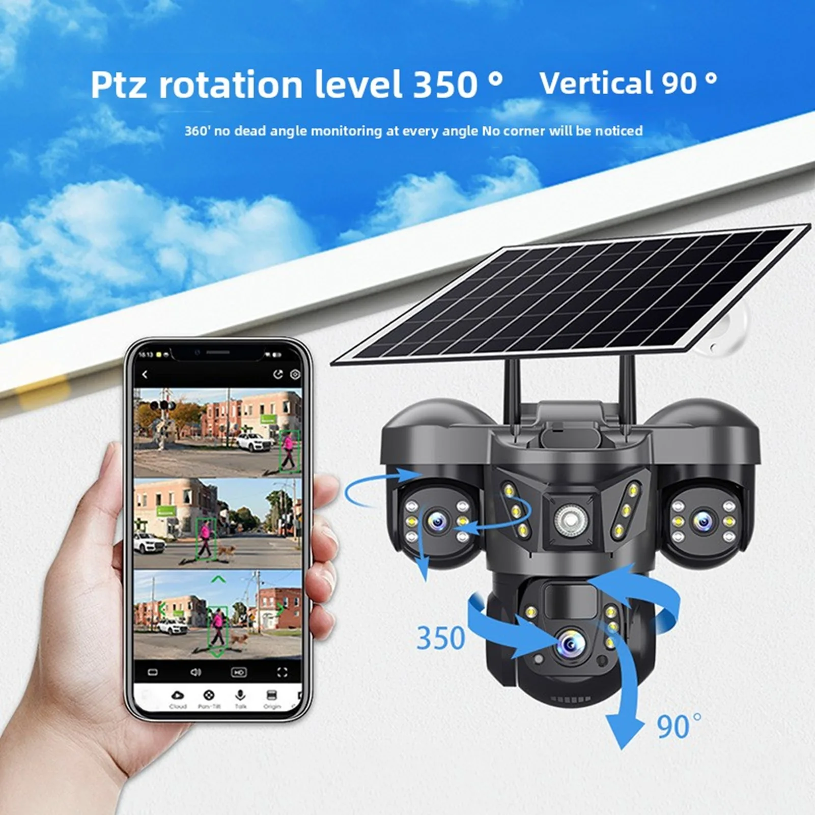 Solar Security Camera AI WiFi 6K 12MP Triple Lens UHD Camera 2 Way Talk IP66 Water Proof PTZ Camera PIR Motion Detection for V38