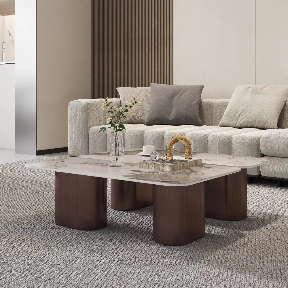 Voxhome Minimalist Natural Travertine Coffee Table MDF Tea Table Small Vintage Modern Style For Apartment Living Room