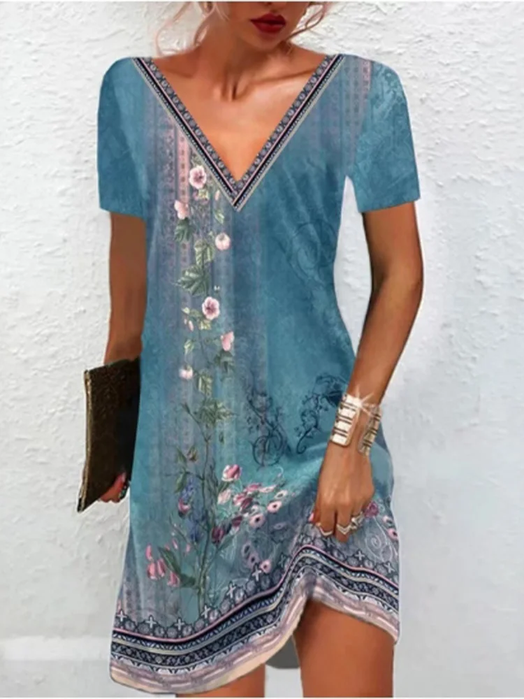 

V-neck Casual Short Sleeved Painted Printed Women's Dress Elegant Versatile Retro Ethnic Style Summer Dresses