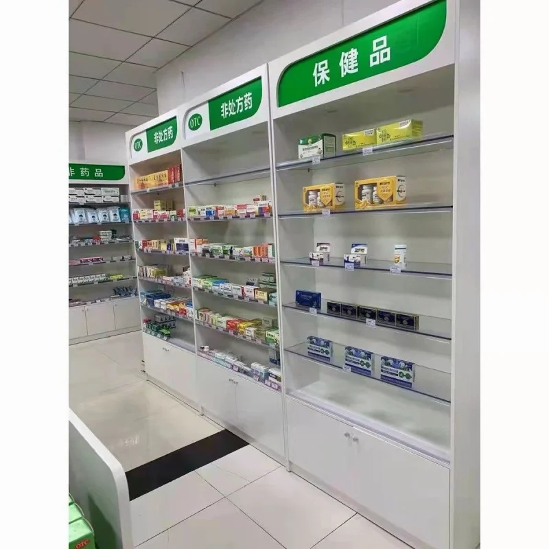 custom，Commercial Medical Shop Wooden Glass Showcase Pharmacy Shop Counter Pharmacy Furniture Interior Design For Sale