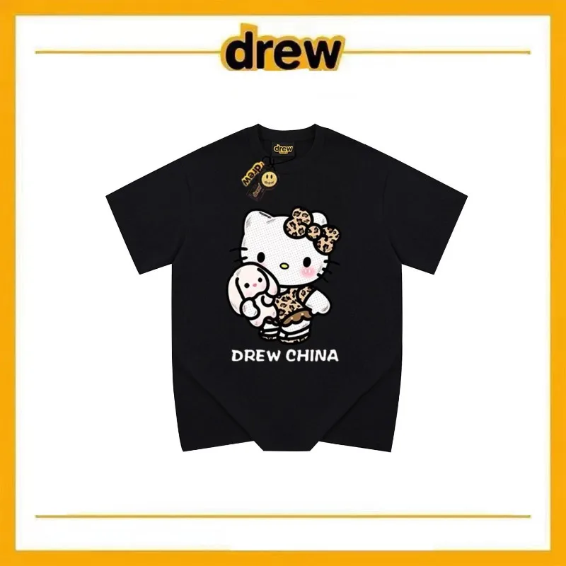 NEW Hello Kitty Tops American Style Trend Retro Pure Cotton T-shirt Heavy Weight Delicate Leopard Print Fashion Versatile Tops